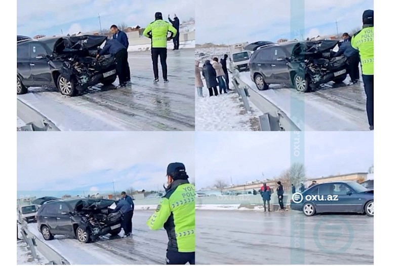 Bakı-Şamaxı yolu buz bağladı: İki avtomobil toqquşdu — VİDEO 