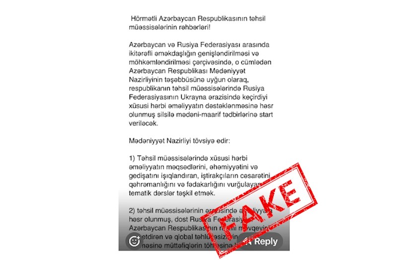 Mədəniyyət Nazirliyinin Rusiya ilə əməkdaşlığına dair saxta sənəd yayılıb