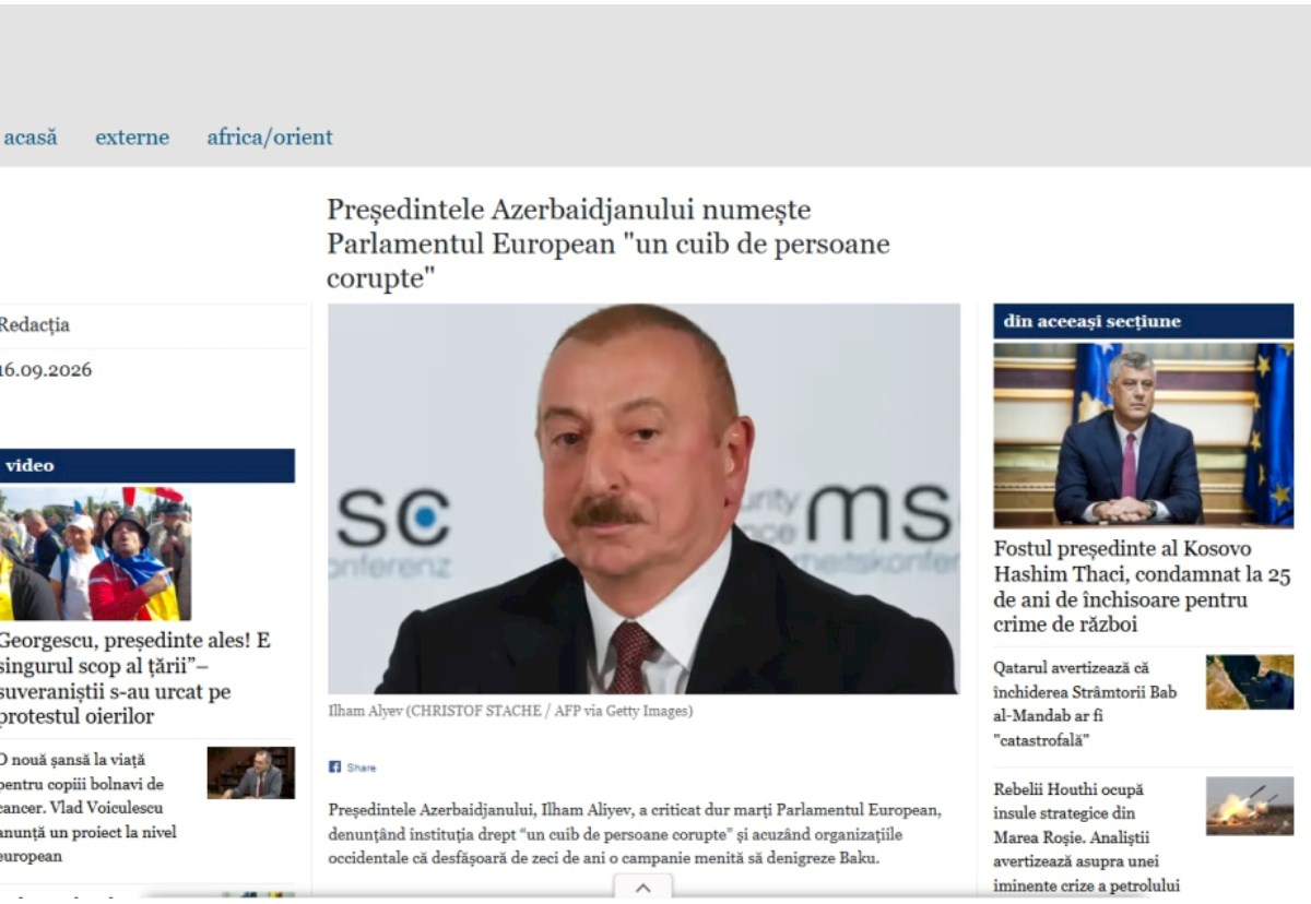Rumıniya nəşri İlham Əliyevin Avropa Parlamenti barədə fikirlərini dərc edib