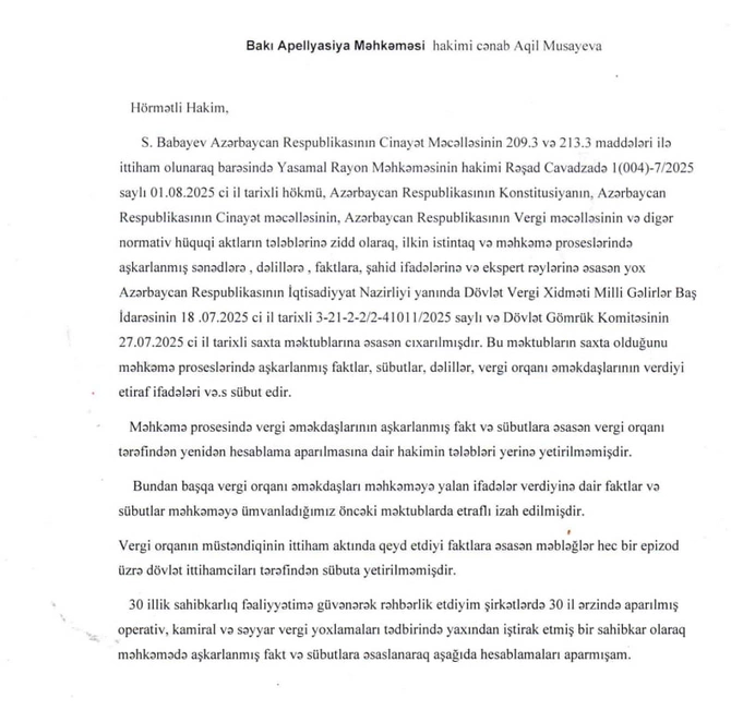 Həbsdə olan iş adamı Süleyman Babayevdən Apellyasiya Məhkəməsinə məktub – Sübutlar nəzərə alınacaqmı? (FOTOLAR)
