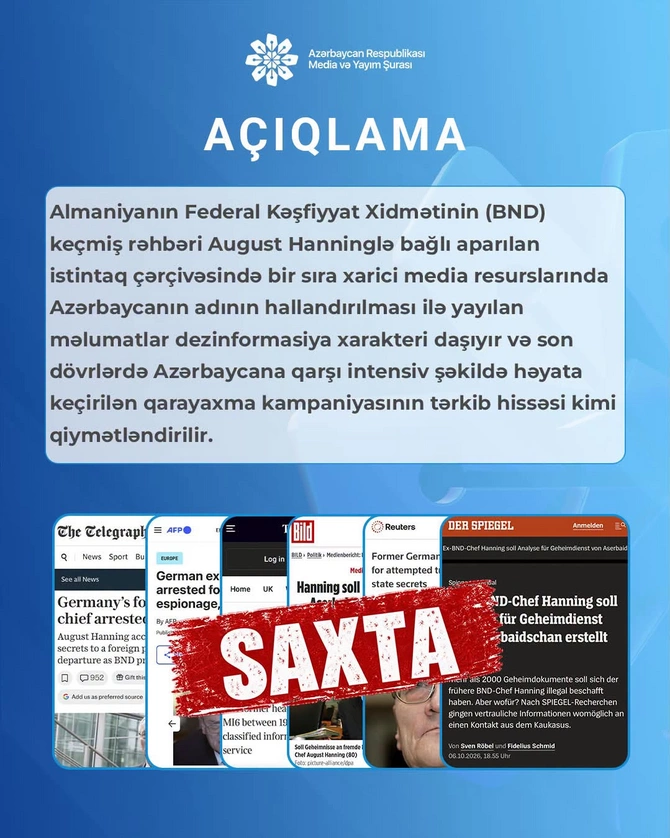 Almaniyanın eks-kəşfiyyat rəhbərinin Azərbaycana işləməsi yalandır - Açıqlama Almaniyanın eks-kəşfiyyat rəhbərinin Azərbaycana işləməsi yalandır - Açıqlama
