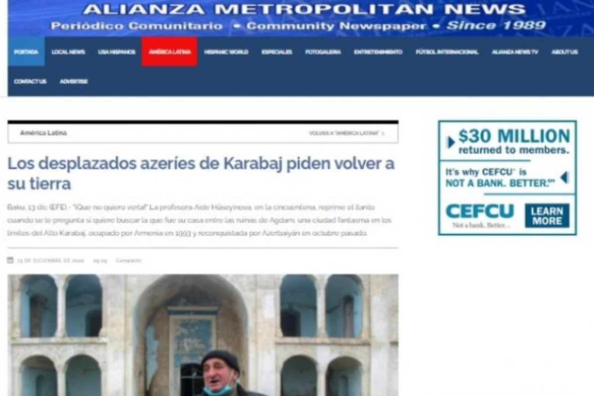 “Alianza Metropolitan News” qəzeti azərbaycanlı köçkünlərin öz doğma yurdlarına qayıtmaq arzularından yazır
