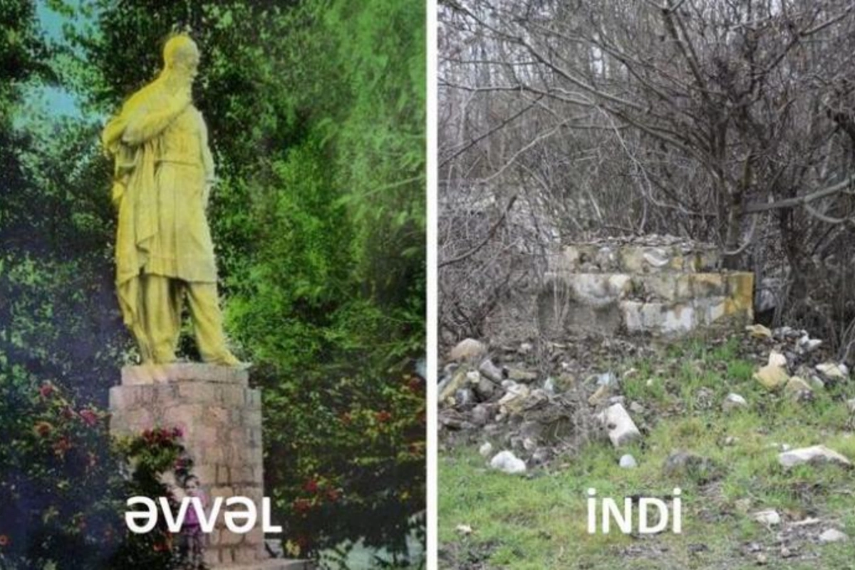 Məhəmməd Füzulinin Füzuli şəhərinin mərkəzindəki heykəlinin qalıqları tapıldı — FOTOLAR