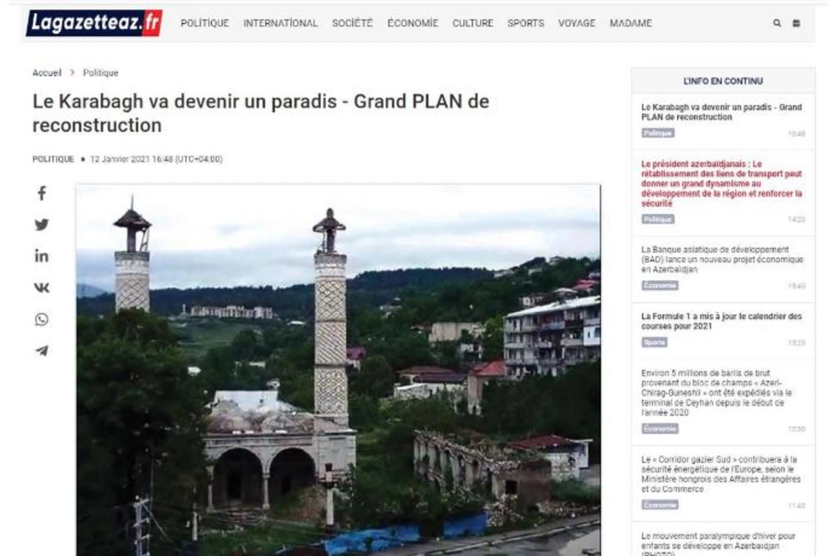 Fransa mediasında Azərbaycanın Qarabağda böyük quruculuq planları ilə bağlı məqalə dərc olundu