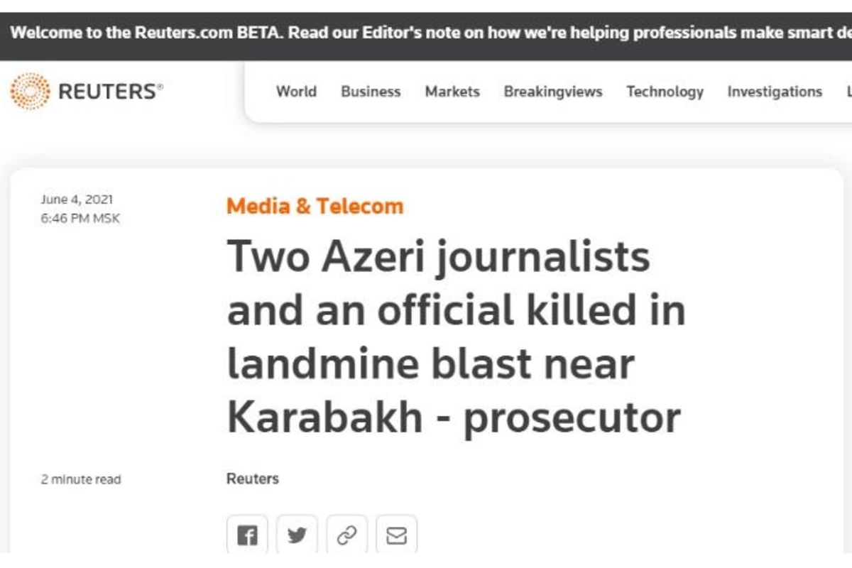 Reuters Kəlbəcərdə jurnalistlərin minaya düşərək şəhid olmasından yazdı