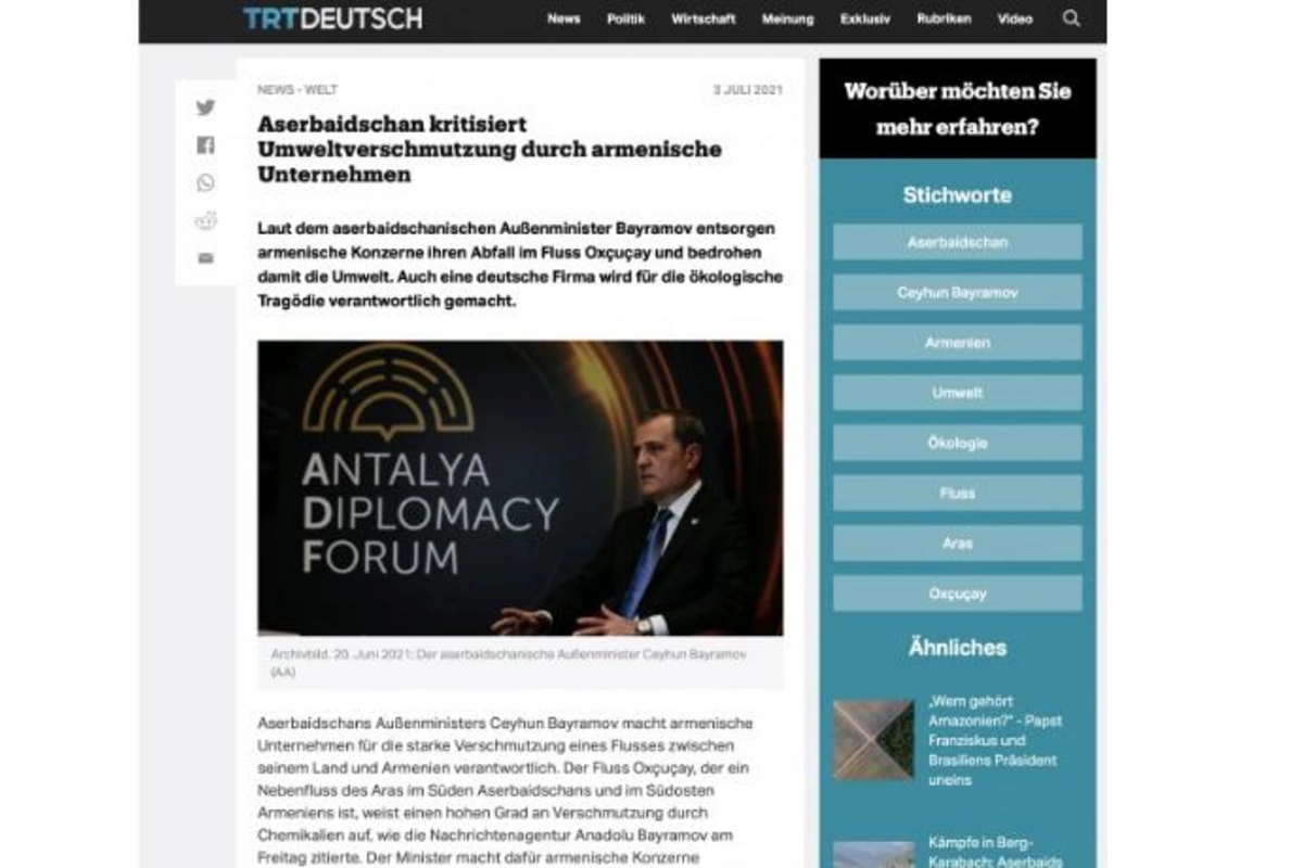 “TRT Deutsch” Ermənistan şirkətlərinin Azərbaycan ərazilərini çirkləndirməsinə dair məqalə dərc etdi