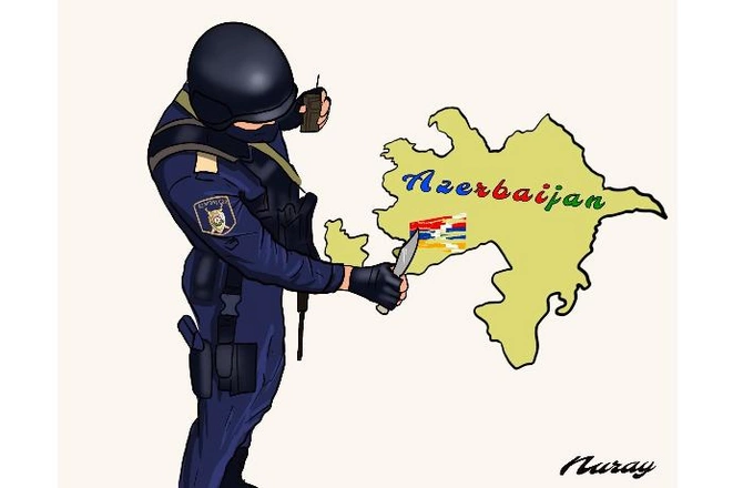 Azərbaycan polisinin qondarma bayrağı süngü bıçaqla silməsi karikaturada — FOTO
