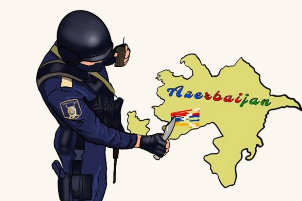 Azərbaycan polisinin qondarma bayrağı süngü bıçaqla silməsi karikaturada — FOTO