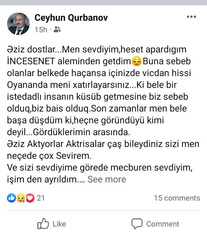 Tanınmış aktyor incəsənət aləmindən küsüb getdi — FOTO Tanınmış aktyor incəsənət aləmindən küsüb getdi — FOTO