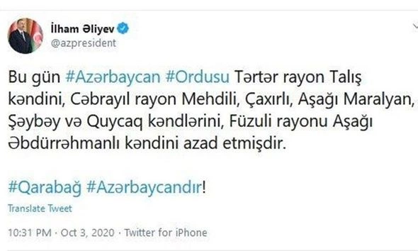 Vətən müharibəsi: Oktyabrın 3-də azad edilən ərazilər — SİYAHI (FOTO/VİDEO)