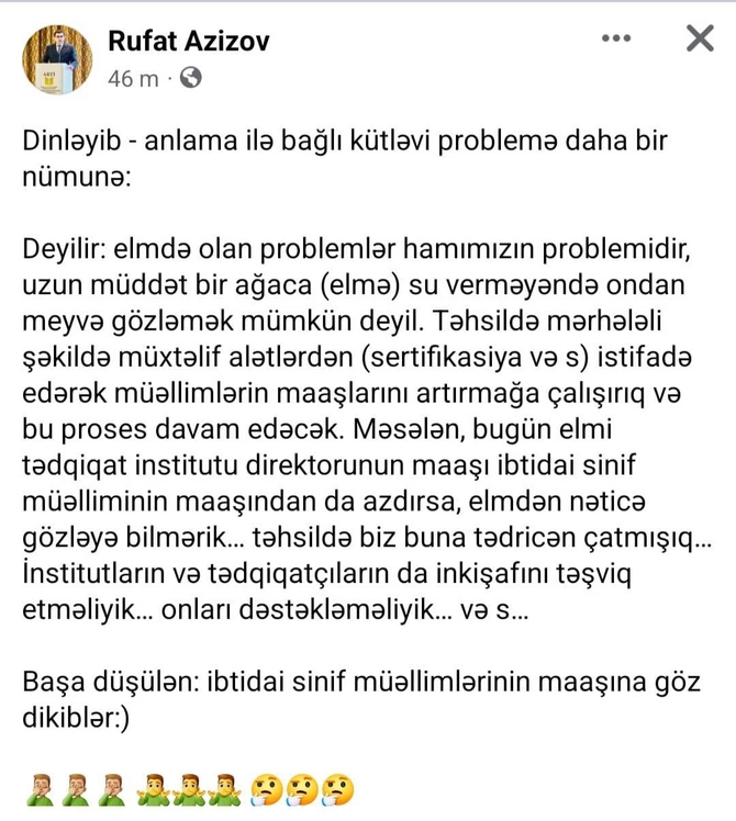 Təhsil və Elm Nazirliyi rəsmisindən açıqlama: “Elmdən nəticə gözləməyin...”