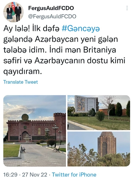 Britaniya səfiri Gəncə ləhcəsində yazdı: “Ay lələ…” — FOTO
