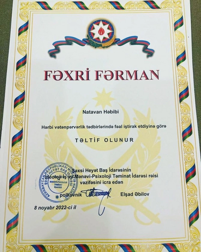 Müdafiə Nazirliyi Natavan Həbibini təltif etdi — FOTO Müdafiə Nazirliyi Natavan Həbibini təltif etdi — FOTO