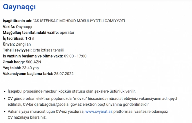 Qarabağda işləmək istəyənlərin NƏZƏRİNƏ! — Vakansiyalar və maaşlar Qarabağda işləmək istəyənlərin NƏZƏRİNƏ! — Vakansiyalar və maaşlar