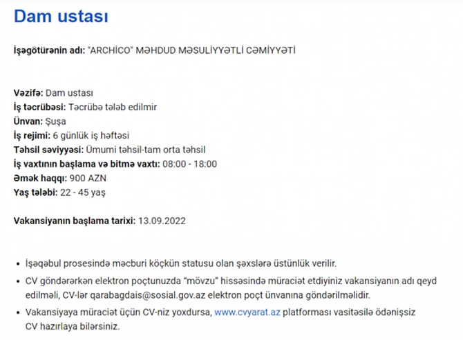Qarabağda işləmək istəyənlərin NƏZƏRİNƏ! — Vakansiyalar və maaşlar Qarabağda işləmək istəyənlərin NƏZƏRİNƏ! — Vakansiyalar və maaşlar
