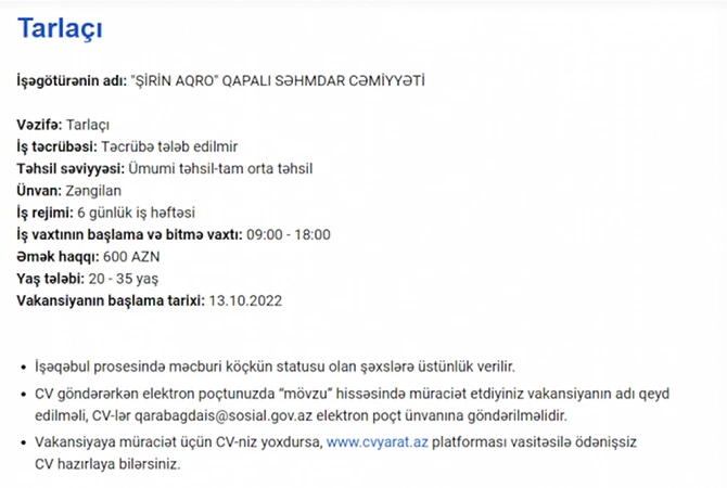 Qarabağda işləmək istəyənlərin NƏZƏRİNƏ! — Vakansiyalar və maaşlar Qarabağda işləmək istəyənlərin NƏZƏRİNƏ! — Vakansiyalar və maaşlar