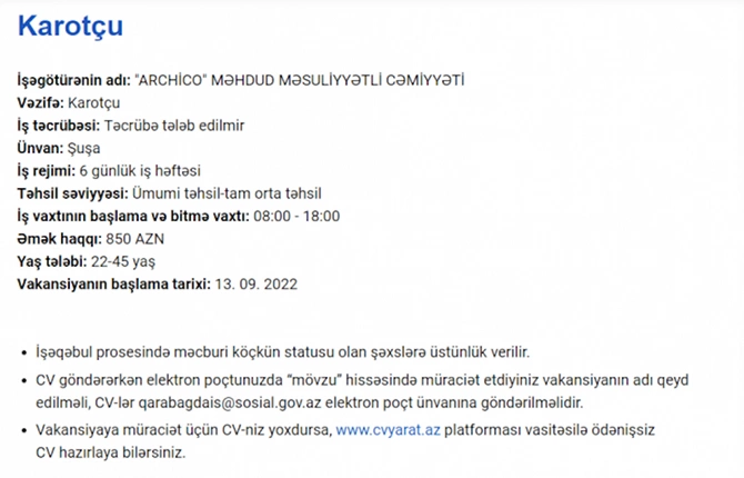 Qarabağda işləmək istəyənlərin NƏZƏRİNƏ! — Vakansiyalar və maaşlar Qarabağda işləmək istəyənlərin NƏZƏRİNƏ! — Vakansiyalar və maaşlar