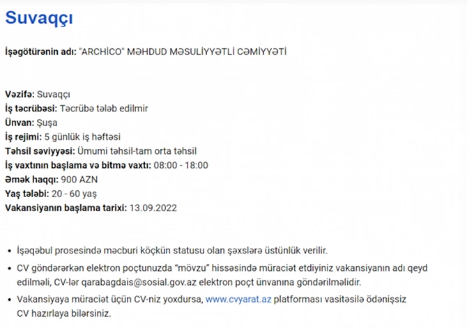 Qarabağda işləmək istəyənlərin NƏZƏRİNƏ! — Vakansiyalar və maaşlar Qarabağda işləmək istəyənlərin NƏZƏRİNƏ! — Vakansiyalar və maaşlar