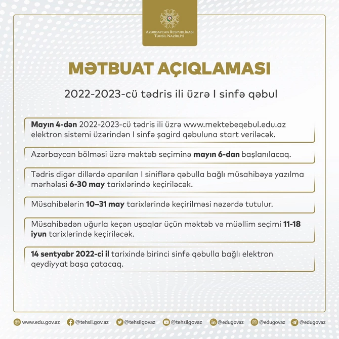 Məktəblərdə birinci sinfə qeydiyyat gələn həftə başlanılır Məktəblərdə birinci sinfə qeydiyyat gələn həftə başlanılır
