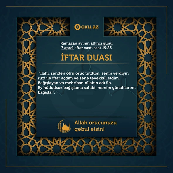 Ramazan ayının altıncı gününün imsak, iftar və namaz vaxtları Ramazan ayının altıncı gününün imsak, iftar və namaz vaxtları