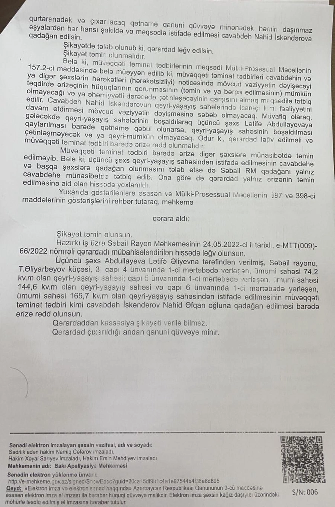 Səbail Rayon Məhkəməsindən analoqu olmayan qərar — Nazir Fikrət Məmmədova müraciət
