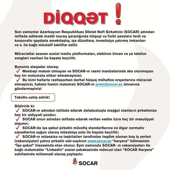 SOCAR-dan vətəndaşlara çağırış — FOTO SOCAR-dan vətəndaşlara çağırış — FOTO