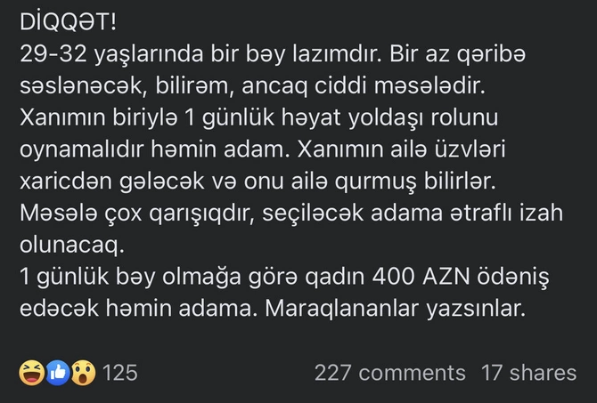 Bakıda qəribə iş elanı — Bir gecəlik bəy axtarılır (FOTO)