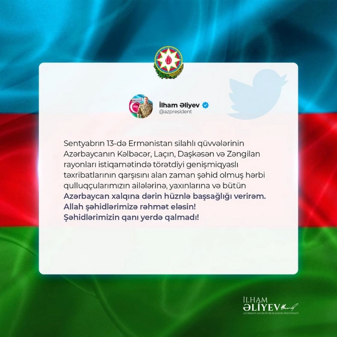 Prezident: “Şəhidlərimizin qanı yerdə qalmadı”