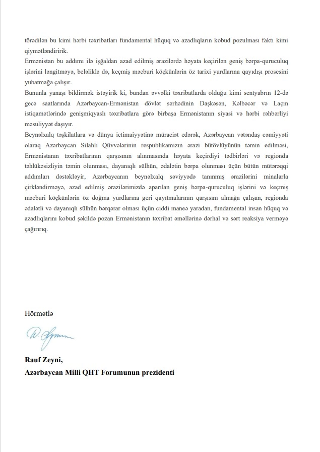 Milli QHT Forumu sərhəddəki gərginliklə bağlı bəyanat yaydı