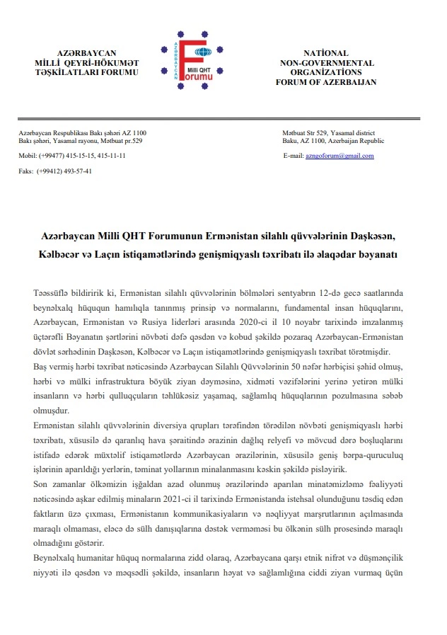 Milli QHT Forumu sərhəddəki gərginliklə bağlı bəyanat yaydı