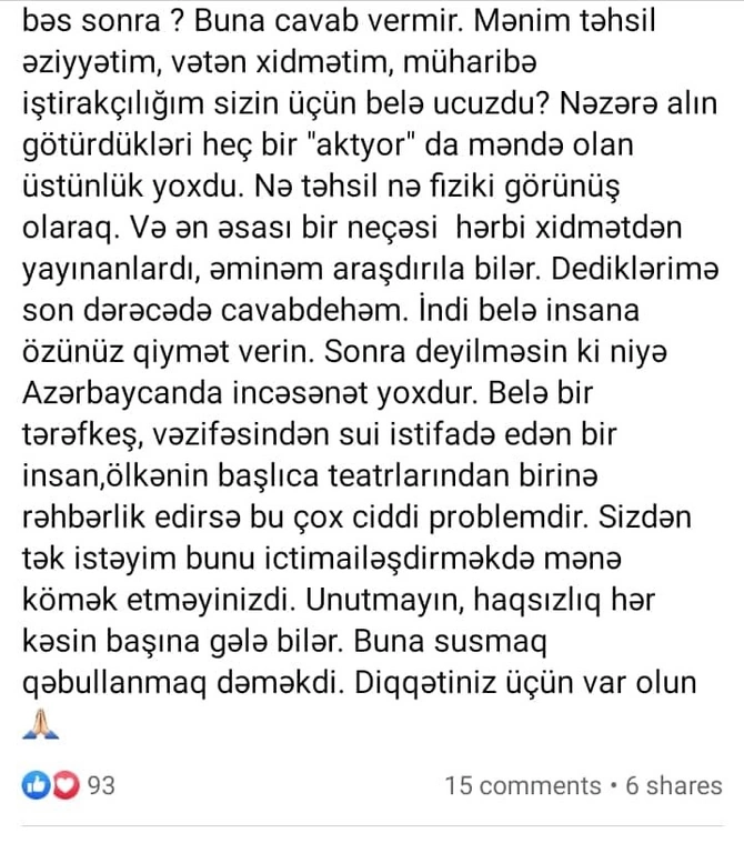 Teatr direktoru Nüsrət Kəsəmənlinin qazi nəvəsini işə götürmədi — FOTO Teatr direktoru Nüsrət Kəsəmənlinin qazi nəvəsini işə götürmədi — FOTO
