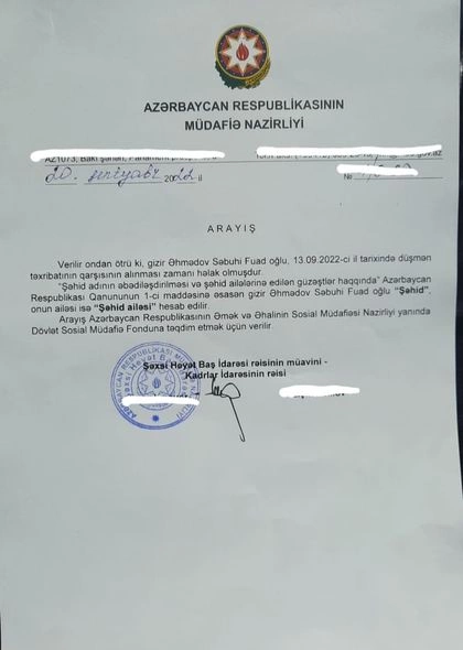 Müdafiə Nazirliyi Səbuhi Əhmədovun ailəsini Şəhid ailəsi kimi tanıyıb — SƏNƏD