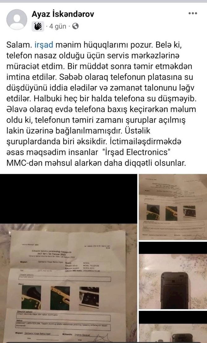 “İrşad” vətəndaşa xarab telefon satdı — Təmir etməkdən də İMTİNA EDİR