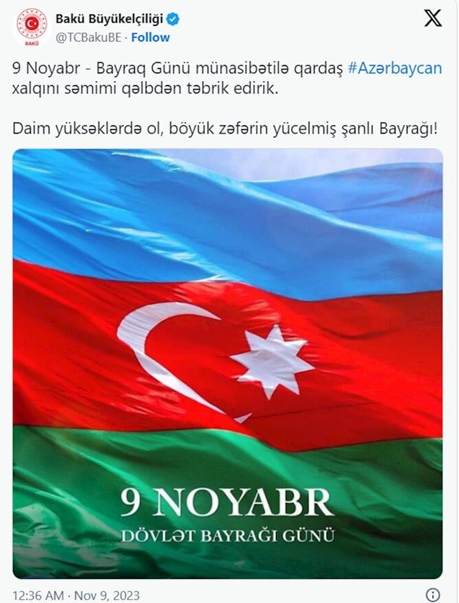Türkiyə səfirliyindən Azərbaycana təbrik paylaşımı — FOTO Türkiyə səfirliyindən Azərbaycana təbrik paylaşımı — FOTO