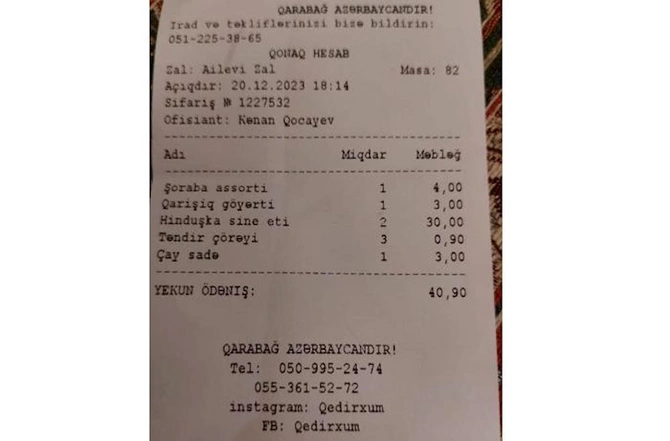 Hacıqabulda hesab: Kababın üstünə səpilən göyərtiyə də pul aldılar — FOTO Hacıqabulda hesab: Kababın üstünə səpilən göyərtiyə də pul aldılar — FOTO