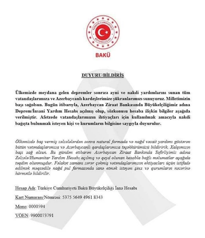 Türkiyə səfirliyi yardım üçün yeni hesab yaradıb