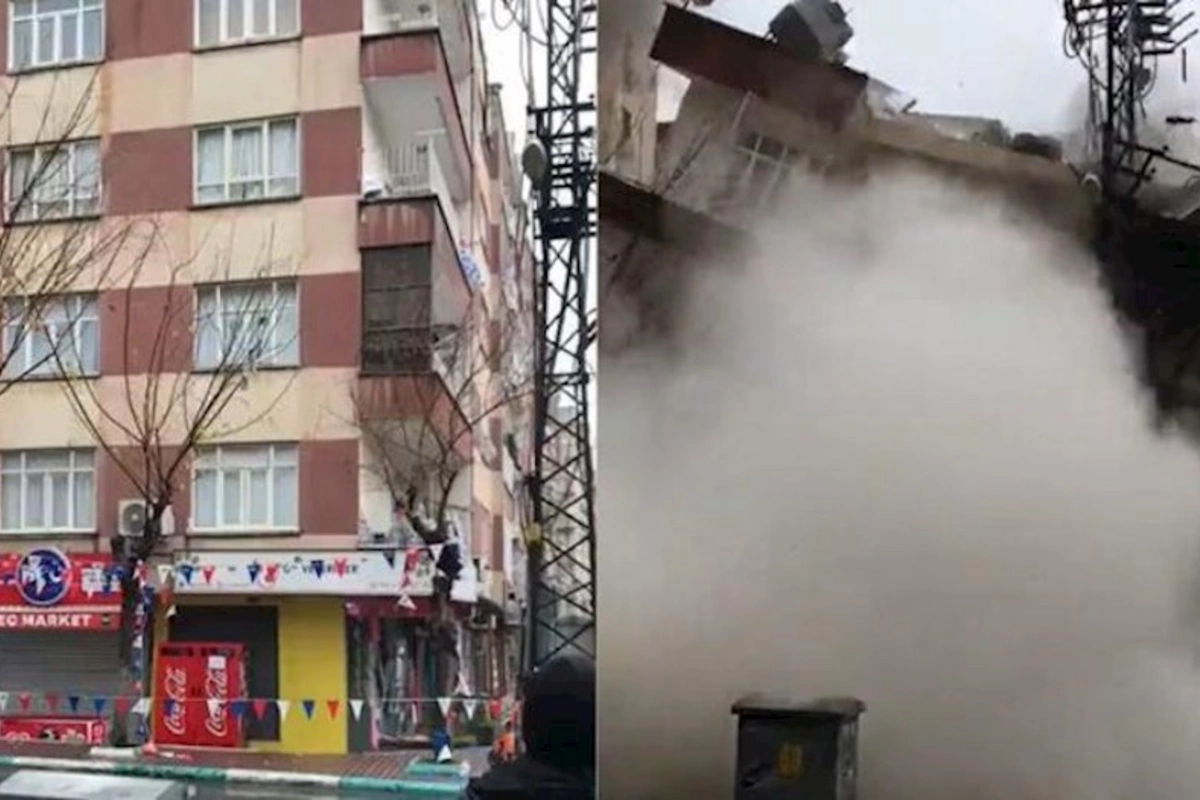 Şanlıurfada salamat görünən yaşayış binasının çökmə anı — VİDEO