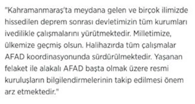 Fahrettin Altun: “Zəlzələ ilə bağlı dövlətimizin bütün qurumları öz işini görür”