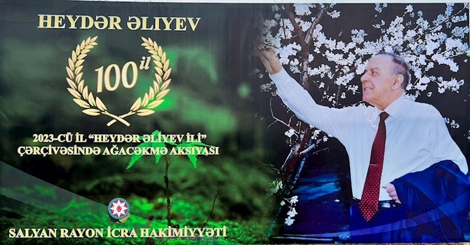Heydər Əliyevin anadan olmasının 100 illiyi münasibətilə Salyanda ağacəkmə aksiyası keçirildi — FOTOLAR
