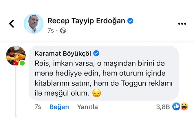 Kəramət Böyükçöl “Togg” üçün Ərdoğana müraciət etdi: “İmkan varsa, o maşından birini də mənə hədiyyə edin” — FOTO Kəramət Böyükçöl “Togg” üçün Ərdoğana müraciət etdi: “İmkan varsa, o maşından birini də mənə hədiyyə edin” — FOTO