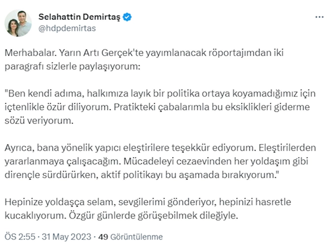 Səlahəddin Dəmirtaş: “Aktiv siyasətdən gedirəm” — FOTO