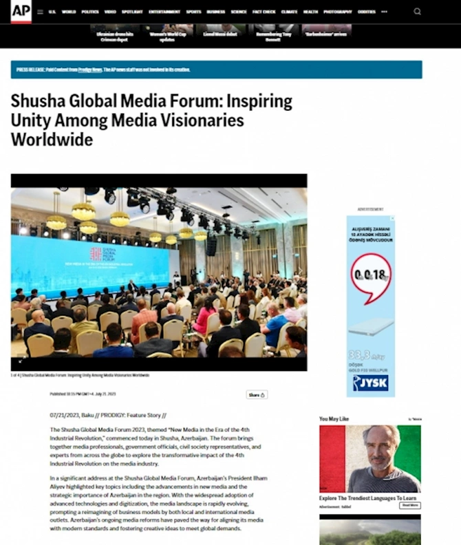 Dünya mediası Prezident İlham Əliyevin Şuşa Qlobal Media Forumundakı çıxışına xüsusi maraq göstərir Dünya mediası Prezident İlham Əliyevin Şuşa Qlobal Media Forumundakı çıxışına xüsusi maraq göstərir