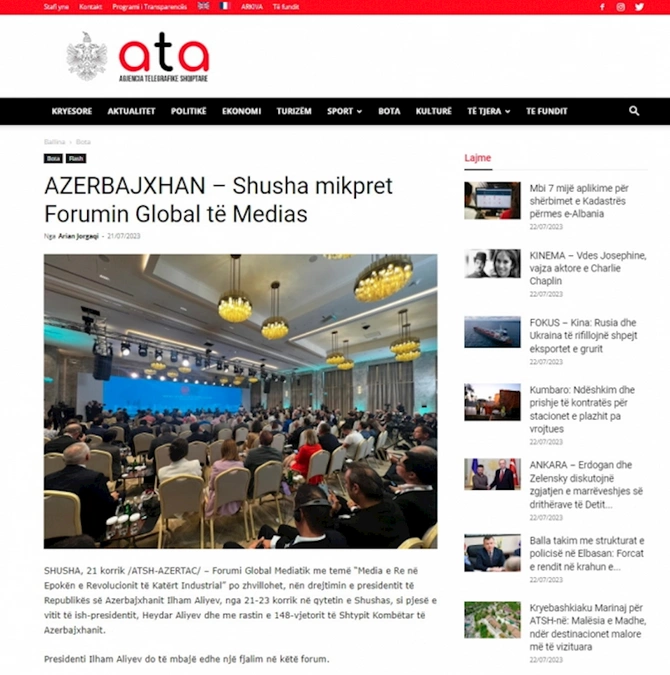 Dünya mediası Prezident İlham Əliyevin Şuşa Qlobal Media Forumundakı çıxışına xüsusi maraq göstərir Dünya mediası Prezident İlham Əliyevin Şuşa Qlobal Media Forumundakı çıxışına xüsusi maraq göstərir