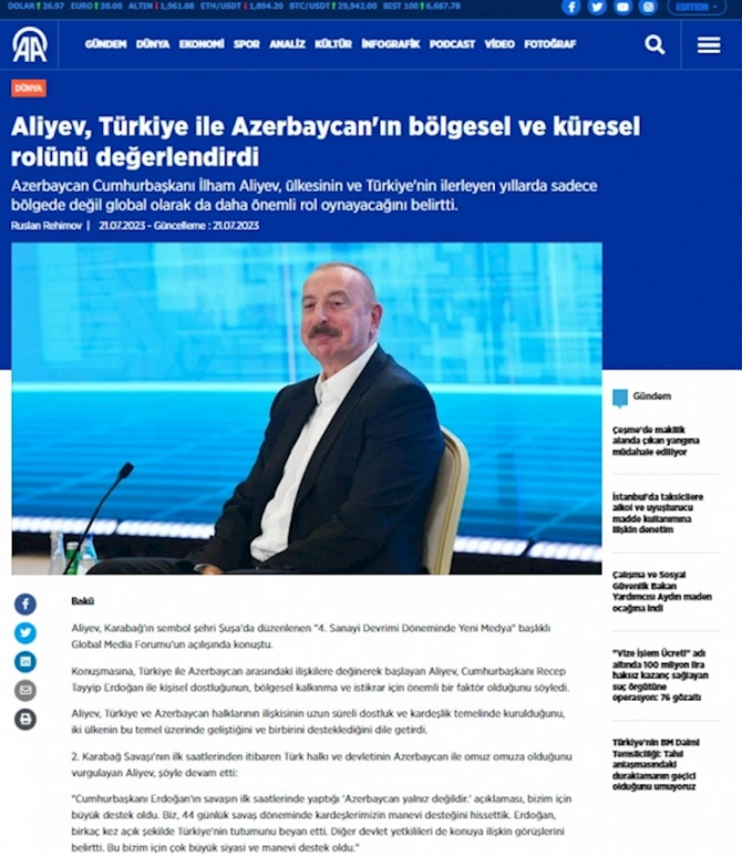 Prezident İlham Əliyevin Şuşa Qlobal Media Forumundakı çıxışı dünya mediasının diqqət mərkəzindədir