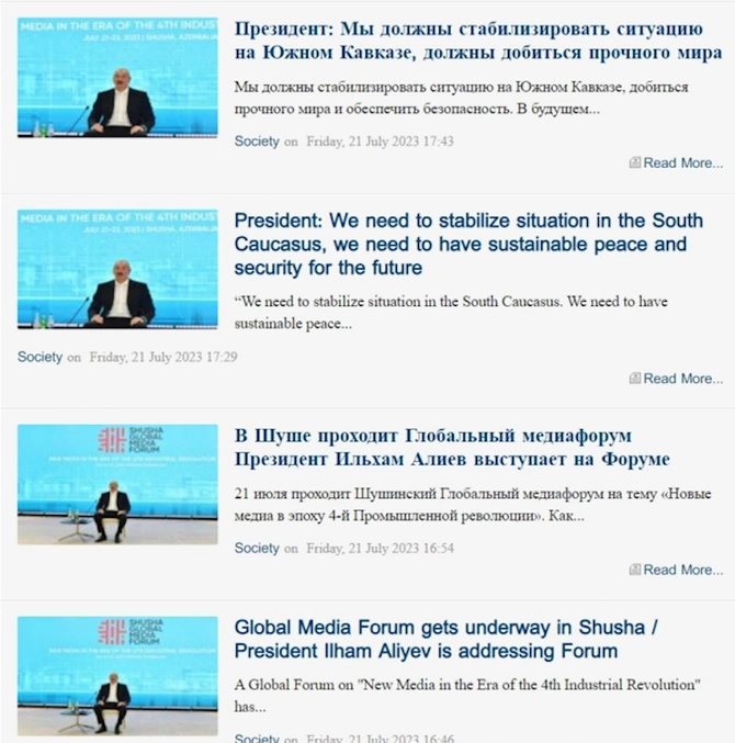 Prezident İlham Əliyevin Şuşada keçirilən Qlobal Media Forumdakı çıxışı Gürcüstan mətbuatının diqqət mərkəzində olub