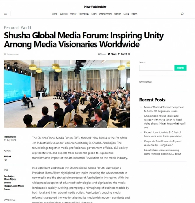 Dünya mediası Prezident İlham Əliyevin Şuşa Qlobal Media Forumundakı çıxışına xüsusi maraq göstərir Dünya mediası Prezident İlham Əliyevin Şuşa Qlobal Media Forumundakı çıxışına xüsusi maraq göstərir