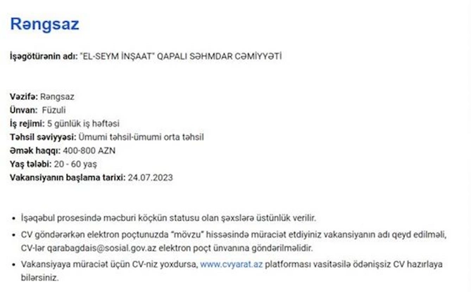 Qarabağda işləmək istəyənlərin NƏZƏRİNƏ! — Məvacib 2300 AZN-dək (SİYAHI) Qarabağda işləmək istəyənlərin NƏZƏRİNƏ! — Məvacib 2300 AZN-dək (SİYAHI)