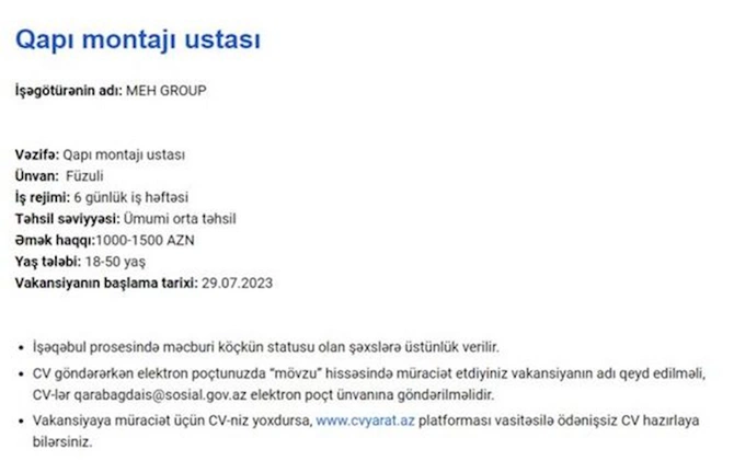 Qarabağda işləmək istəyənlərin NƏZƏRİNƏ! — Məvacib 2300 AZN-dək (SİYAHI) Qarabağda işləmək istəyənlərin NƏZƏRİNƏ! — Məvacib 2300 AZN-dək (SİYAHI)