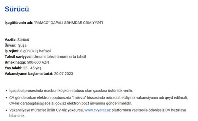 Qarabağda işləmək istəyənlərin NƏZƏRİNƏ! — Məvacib 2300 AZN-dək (SİYAHI) Qarabağda işləmək istəyənlərin NƏZƏRİNƏ! — Məvacib 2300 AZN-dək (SİYAHI)