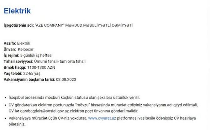 Qarabağda işləmək istəyənlərin NƏZƏRİNƏ! — Məvacib 2300 AZN-dək (SİYAHI) Qarabağda işləmək istəyənlərin NƏZƏRİNƏ! — Məvacib 2300 AZN-dək (SİYAHI)